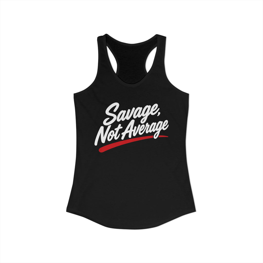 Savage Not Average Red Script Racerback Tank product view 1 – No Filter Daily