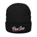 Ribbed Knit Beanie — Embroidered “Pure Sass” Cuffed Beanie