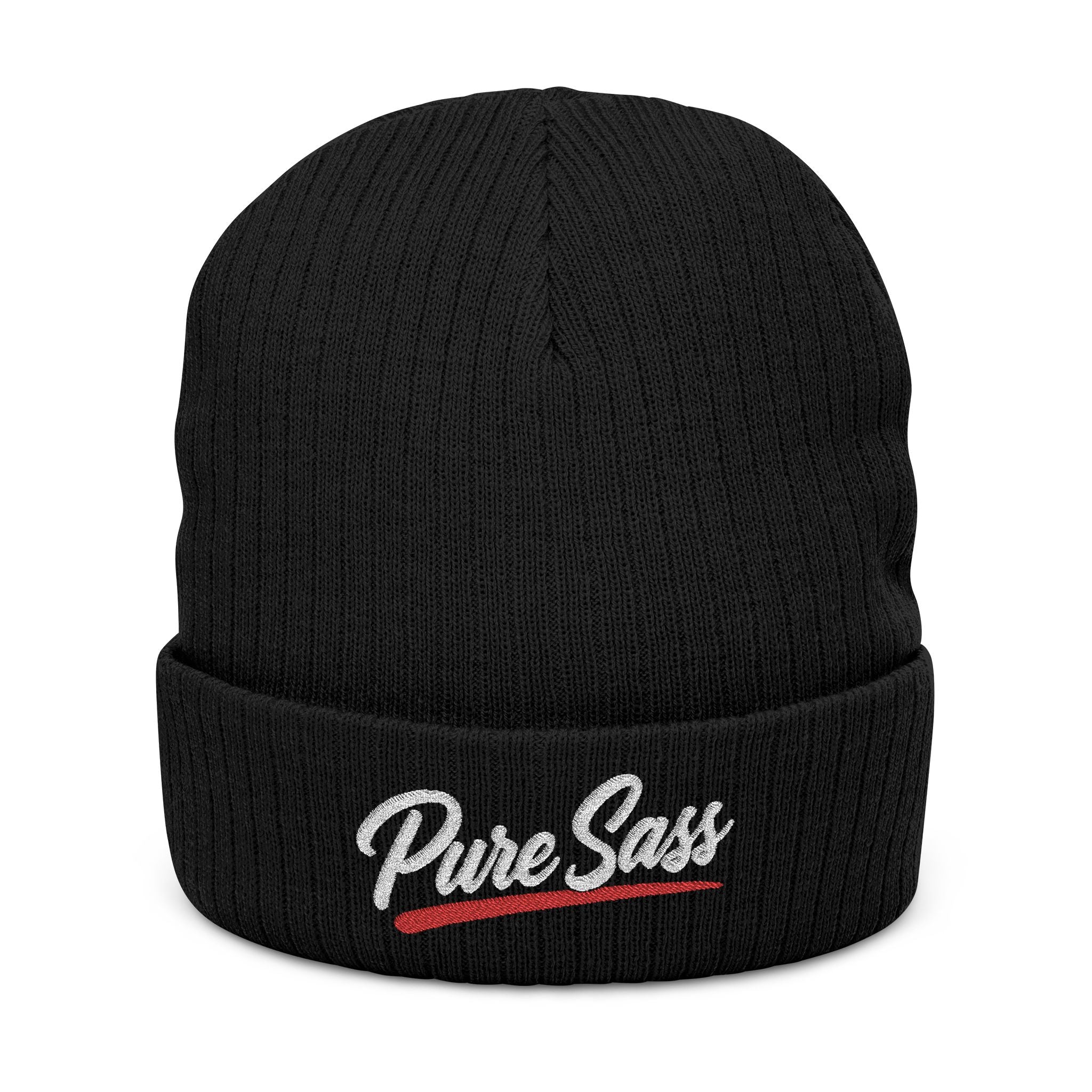Ribbed Knit Beanie — Embroidered “Pure Sass” Cuffed Beanie