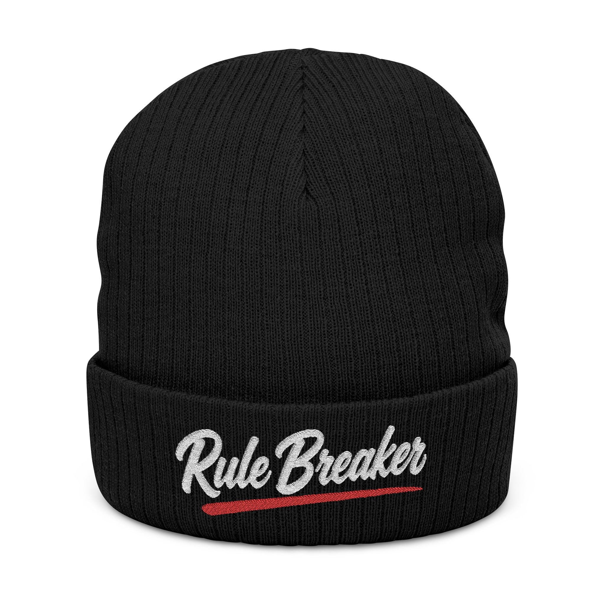 Rule Breaker Ribbed Knit Beanie — Embroidered Cuff Hat
