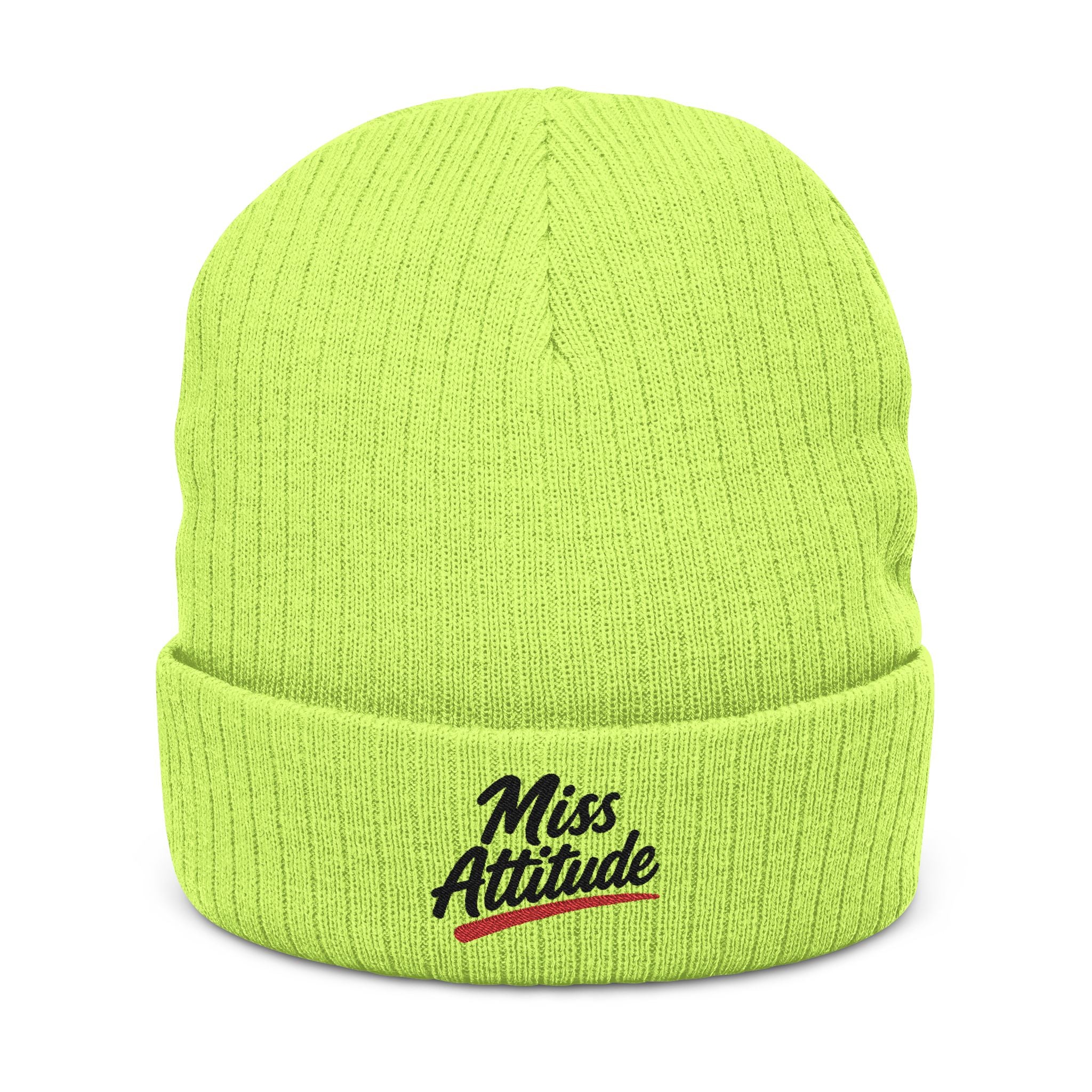 Miss Attitude Ribbed Knit Beanie — Embroidered Cuffed Winter Hat