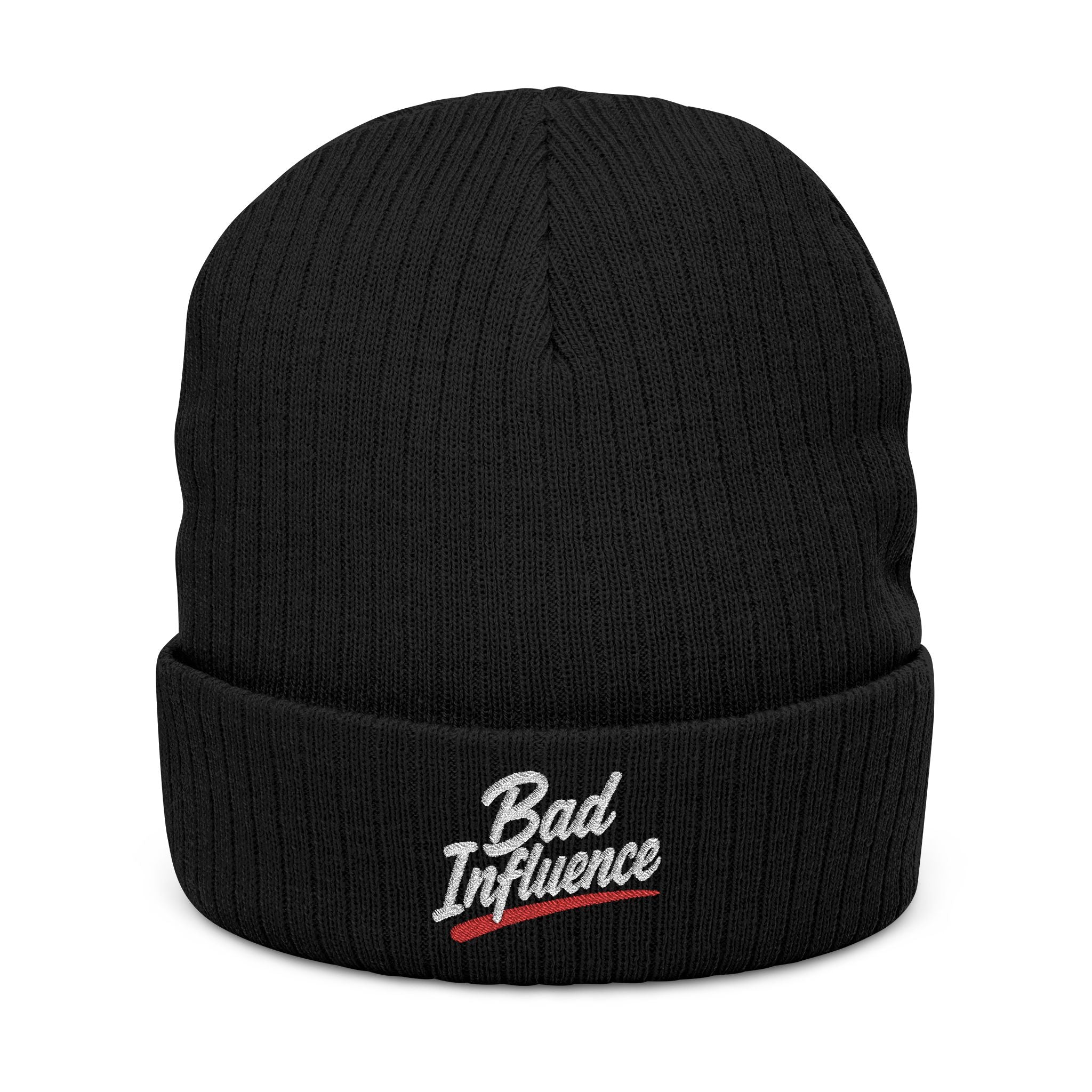 Embroidered "Bad Influence" Ribbed Beanie – Trendy Knit Winter Hat