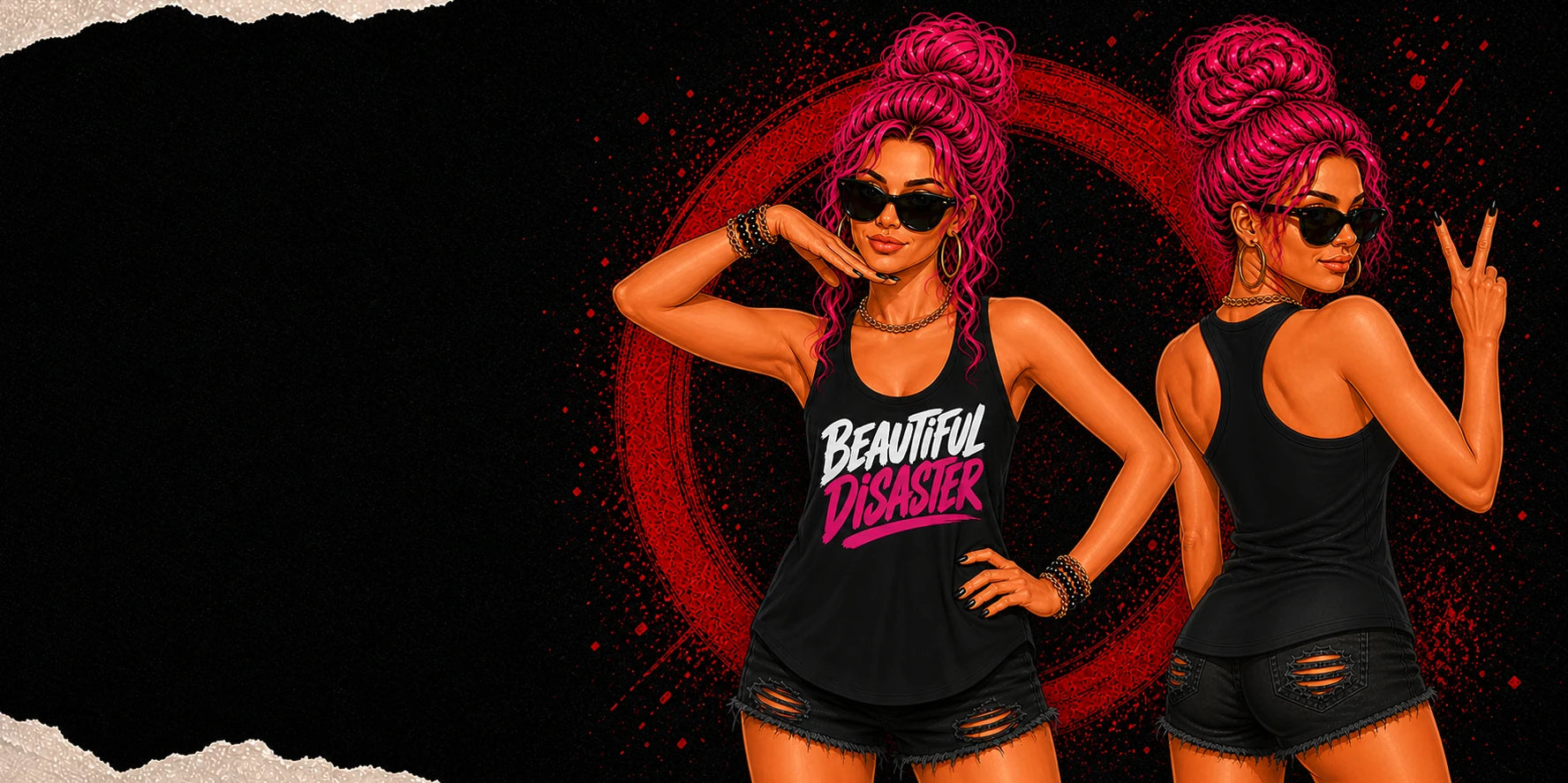 Two No Filter Daily models showing the front jersey tank and back racerback tank styles