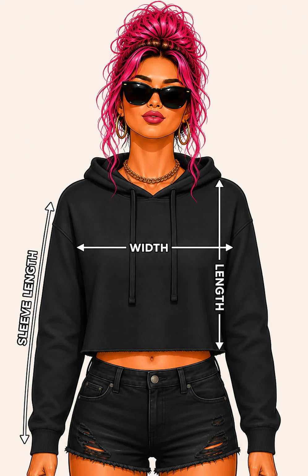Pink-haired woman demonstrating cropped hoodie width, length and sleeve-length measurements