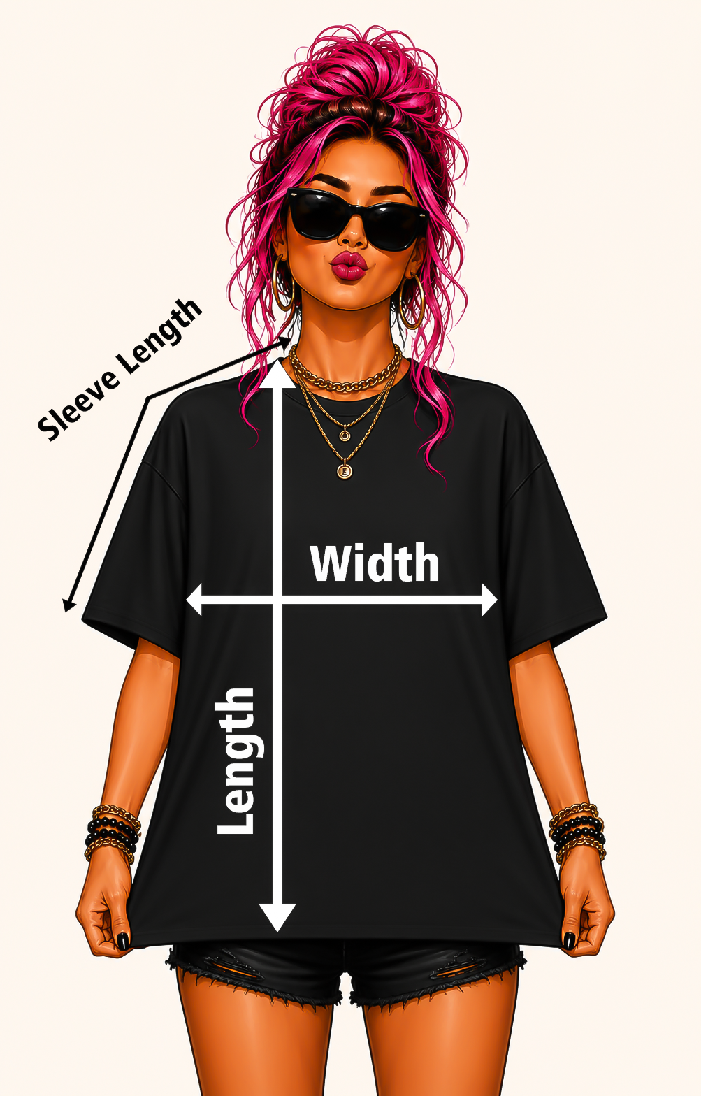 Pink-haired woman demonstrating embroidered T-shirt width, length and sleeve measurements