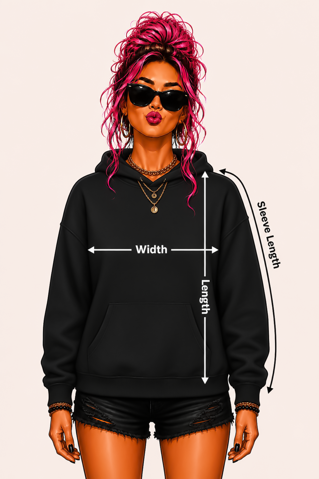 Pink-haired woman demonstrating hoodie width, length and sleeve length measurements