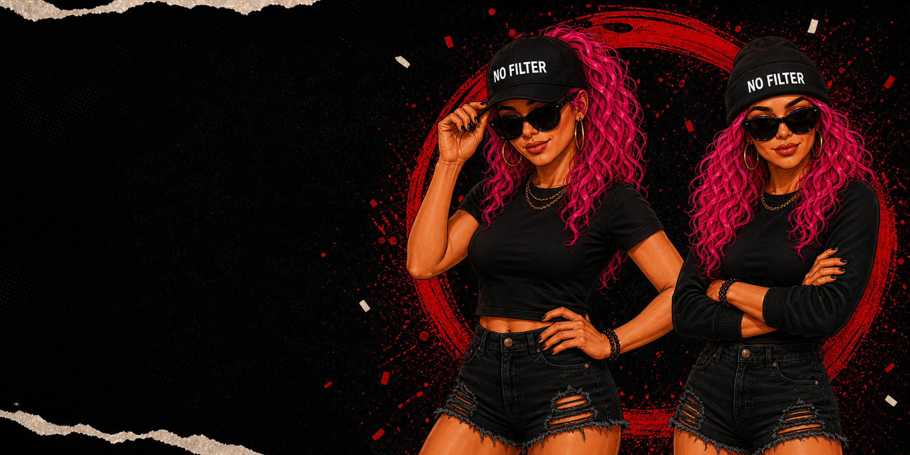 Two women with bright hot pink hair wearing a black No Filter cap and beanie