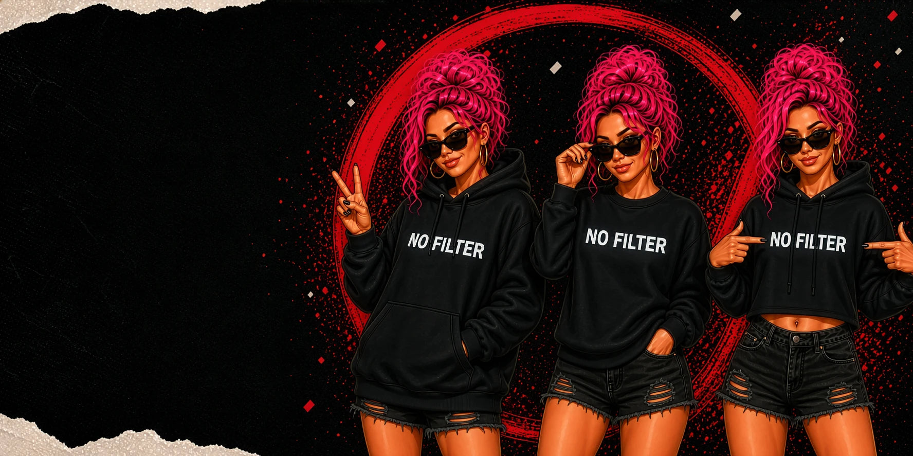 Three women with bright hot pink hair wearing a hoodie, sweatshirt and cropped hoodie