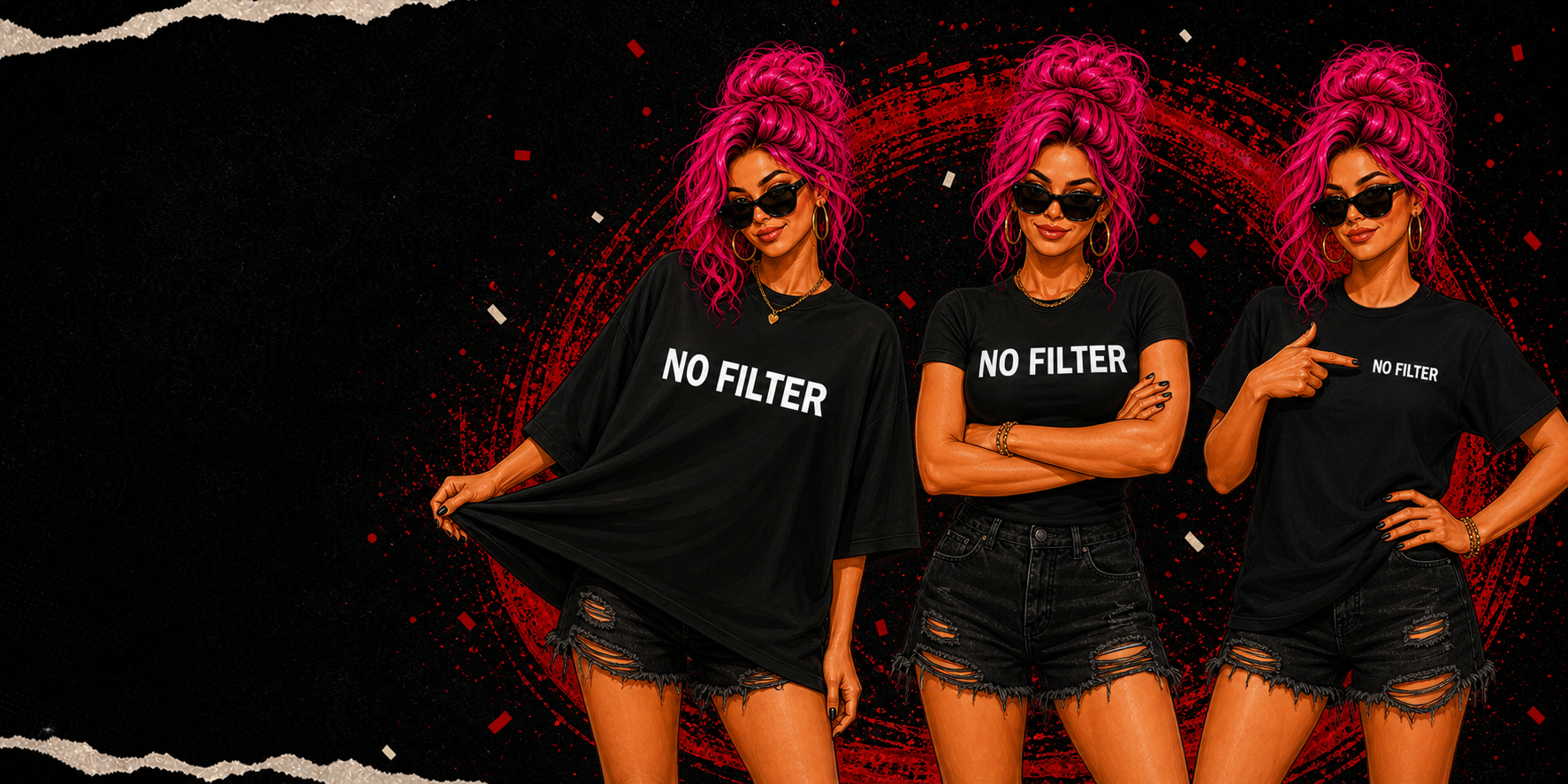 Three women with bright hot pink hair wearing loose fit, slim fitted and embroidered black T-shirts