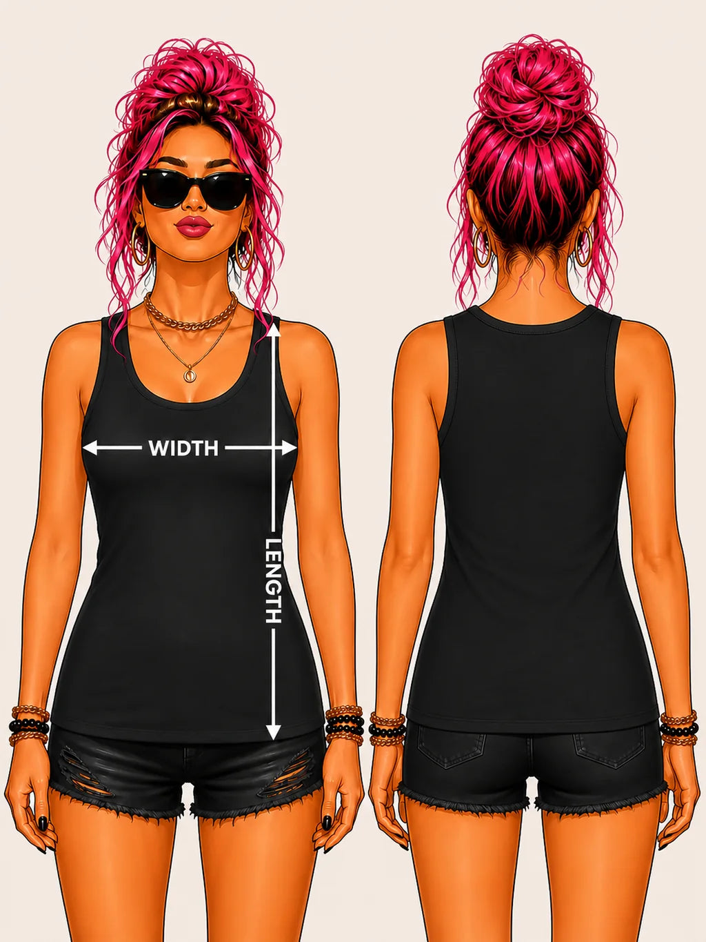 Front and back views of a pink-haired woman demonstrating jersey tank chest width and body length measurements