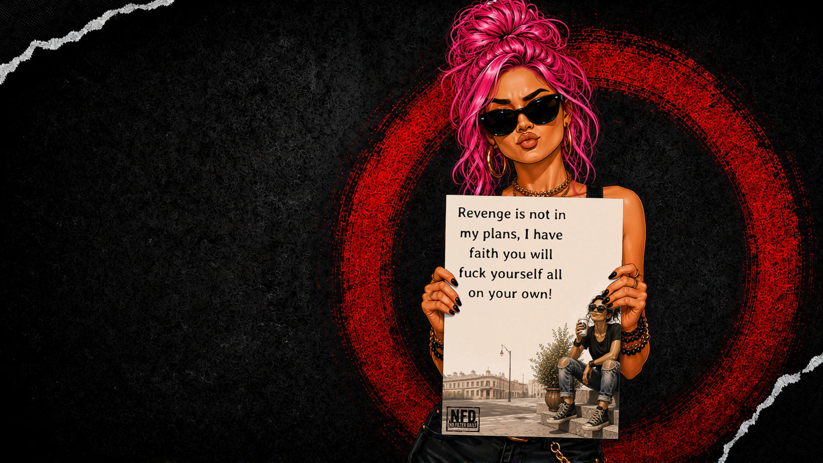 Pink-haired No Filter Daily woman holding a personalised A3 portrait print