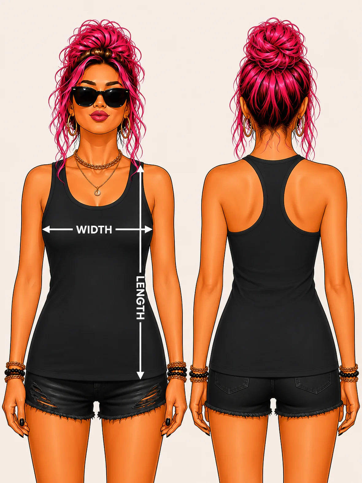 Front and back views of a pink-haired woman demonstrating racerback tank width and length measurements