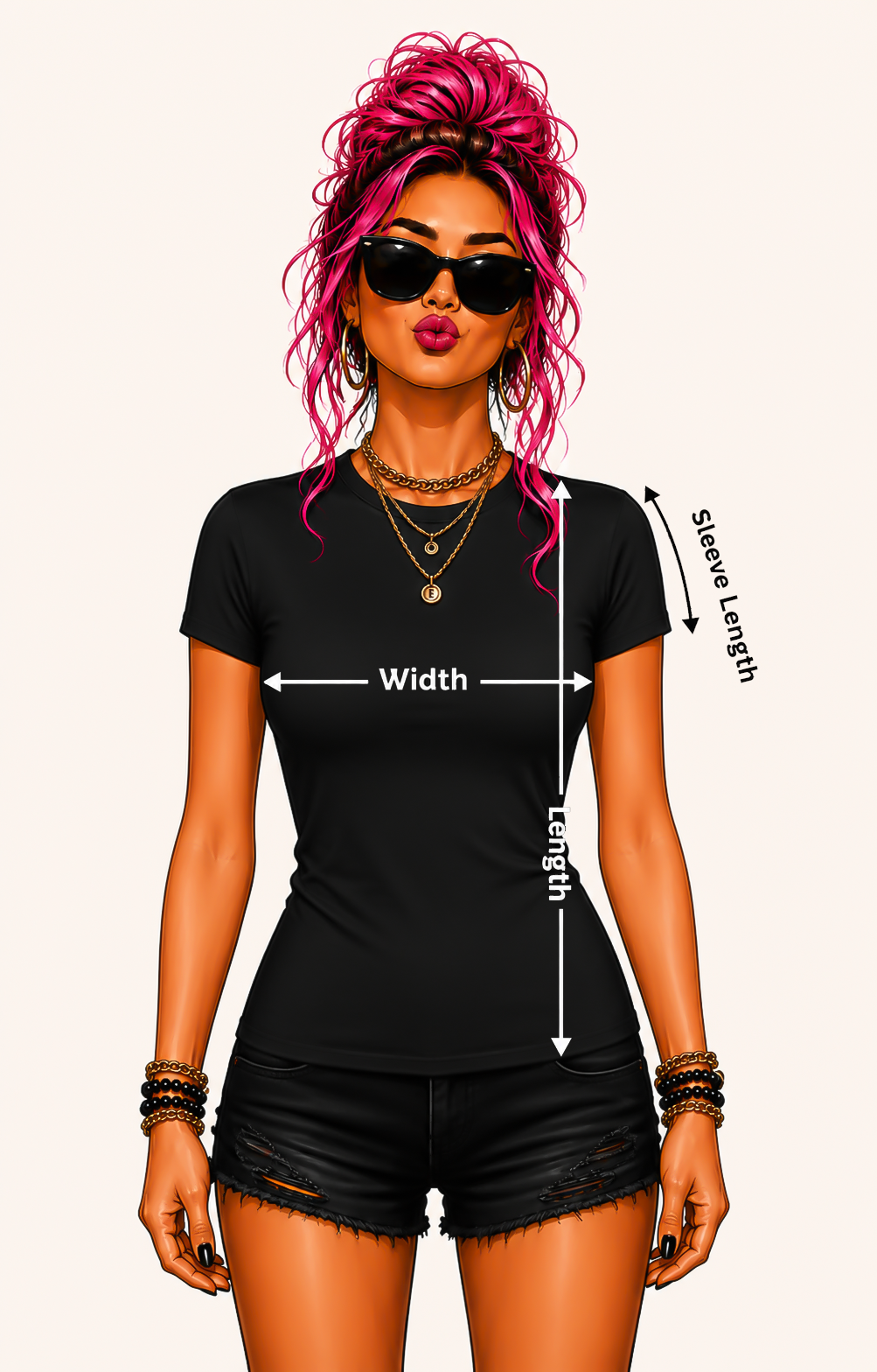 Pink-haired woman demonstrating slim-fit T-shirt width, length and sleeve measurements