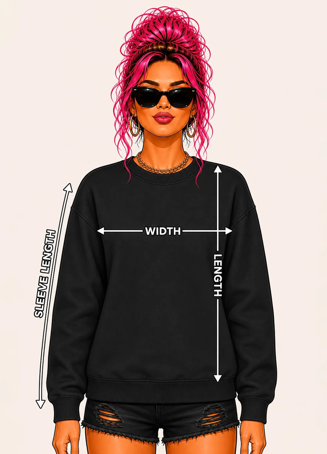 Pink-haired woman demonstrating sweatshirt width, body length and sleeve length measurements